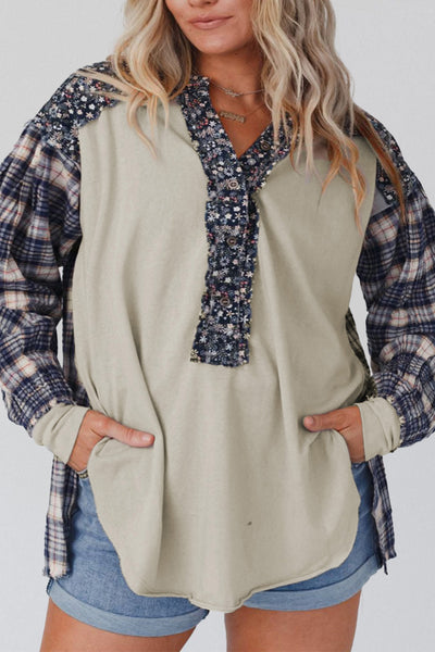 Navy Blue Mixed Print Half Buttons Plus Size Pullover Top