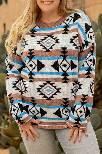Multicolour Aztec Knit Drop Shoulder Plus Size Sweater
