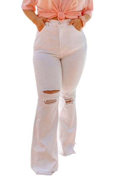 White Ripped Knees High Waist Plus Size Flare Jeans