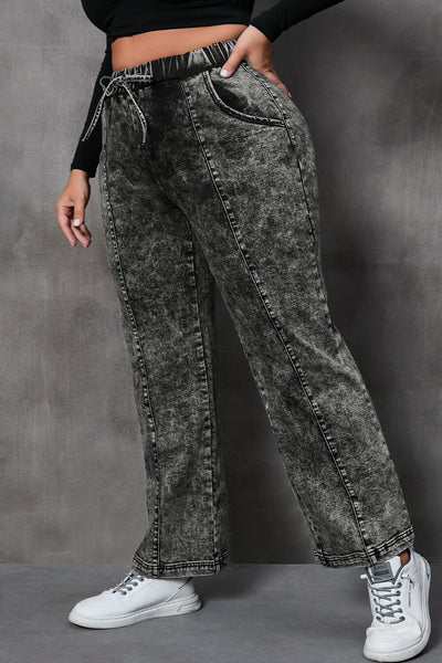 Black Plus Size Tie Dye Drawstring Splicing Wide Leg Jeans