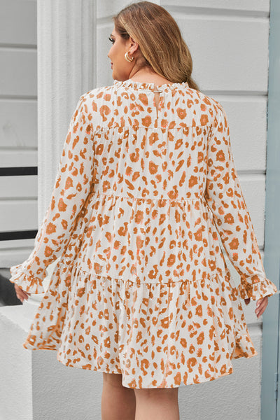 Oatmeal Leopard Print Ruffle Long Sleeve Plus Size Mini Dress