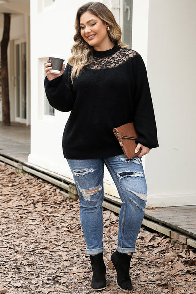 Black Plus Size Ribbed Knit Lace Splicing High Neck Sweater