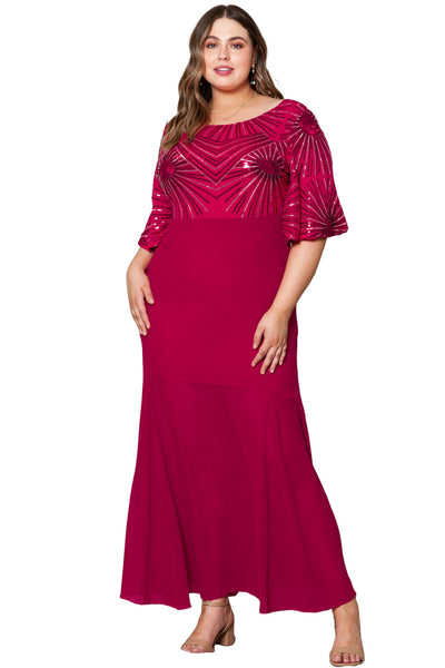 Fiery Red Sequin Mesh Open Back Plus Size Maxi Dress