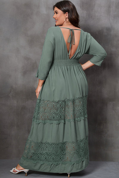 Mist Green Plus Size 3/4 Sleeve Smocked Lace Decor Maxi Dress
