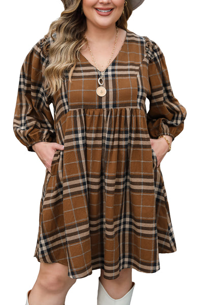 Brown Printed Plaid V Neck Plus Size Babydoll Dress