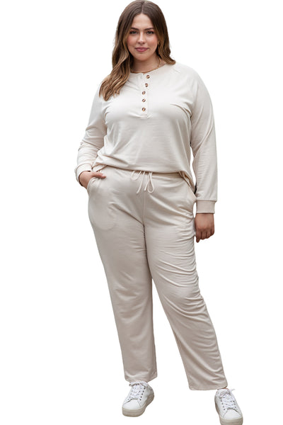 Apricot Plus Size Long Sleeve Henley Top Drawstring Pants Outfit