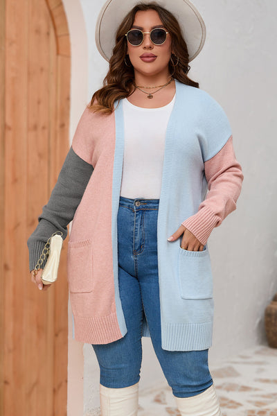 Multicolor Plus Size Colorblock Pocketed Open Front Cardigan