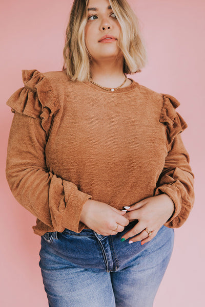 Brown Plus Size Solid Ruffled Tiered Long Sleeve Top